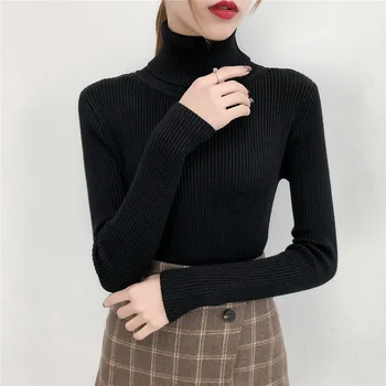 

2019 New Autumn Winter Long Sleeve Turtleneck Knitting Sweaters Elegant Office Lady Slim Fit Pullovers