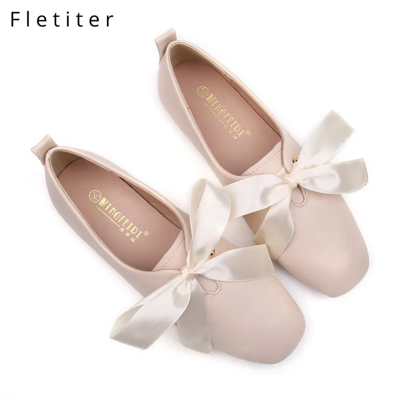 

Fletiter Flats shoes women Riband Loafers Leather Ballerina ballet flat Round toe ladies Autumn fashion shoe Brand big size 42