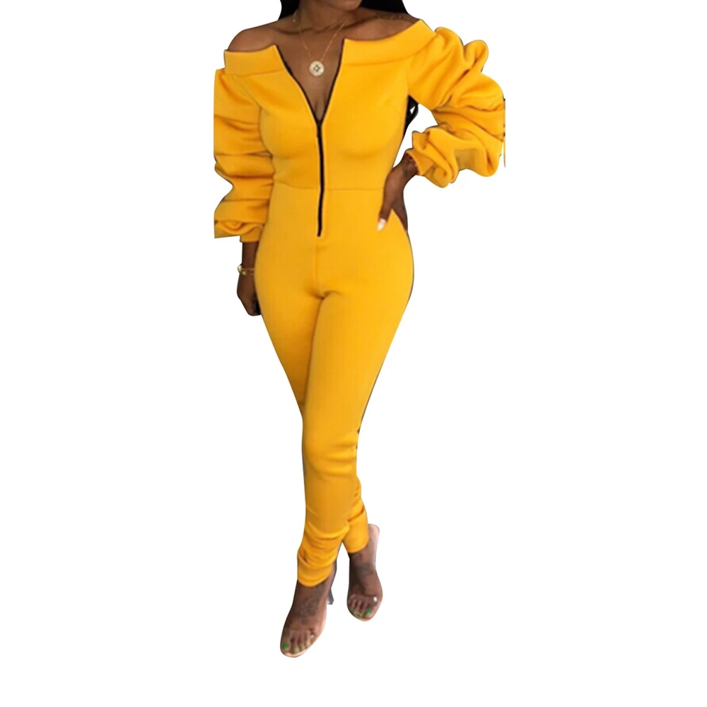 

Sexy Bodycon Rompers Womens Jumpsuit Casual Long Sleeve Slashes Zipper Overalls Elegant Yellow One Piece Skinny Bodysuit