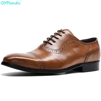 

QYFCIOUFU European Style Handmade Genuine Leather Men's Cap Toe Dress Shoes Formal Shoes Office Business Wedding Loafer Shoes