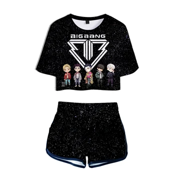 

3D BIGBANG Korea Group Women Summer Sexy Sets Women Summer Kpop Hip Hop Active Tracksuit Exposed Navel Shirt Shorts Sets