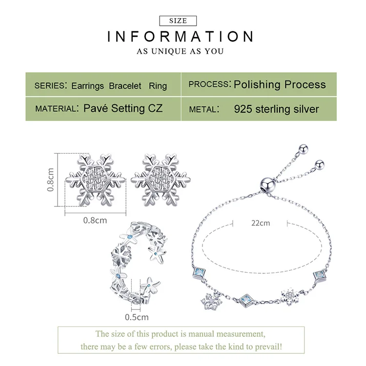 BISAER, настоящий 925 пробы, набор серебряных ювелирных изделий, зимний набор украшений со снежинками, серьги, кольца, набор, подлинное серебро, изготовление ювелирных изделий