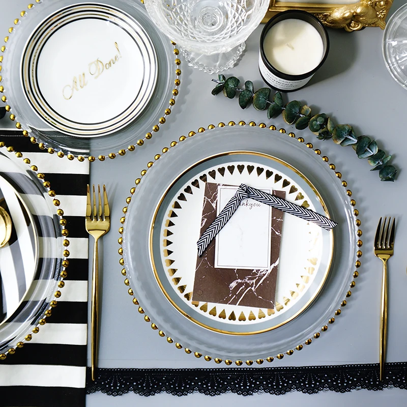 Gold Rim glass pearl tray transparent glass beads plate fruit cake Western dish plate golden edge plate (8)
