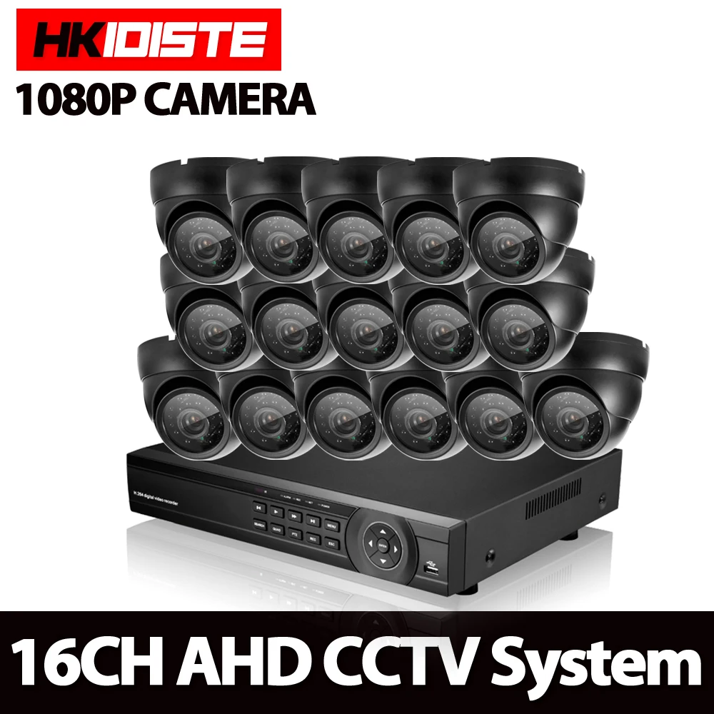 HKIXDISTE CCTV System 16CH AHD Kit HD Dome indoor 2.0mp 1080P Cameras with IR CUT Home Surveillance System 16 Channel DVR Kit