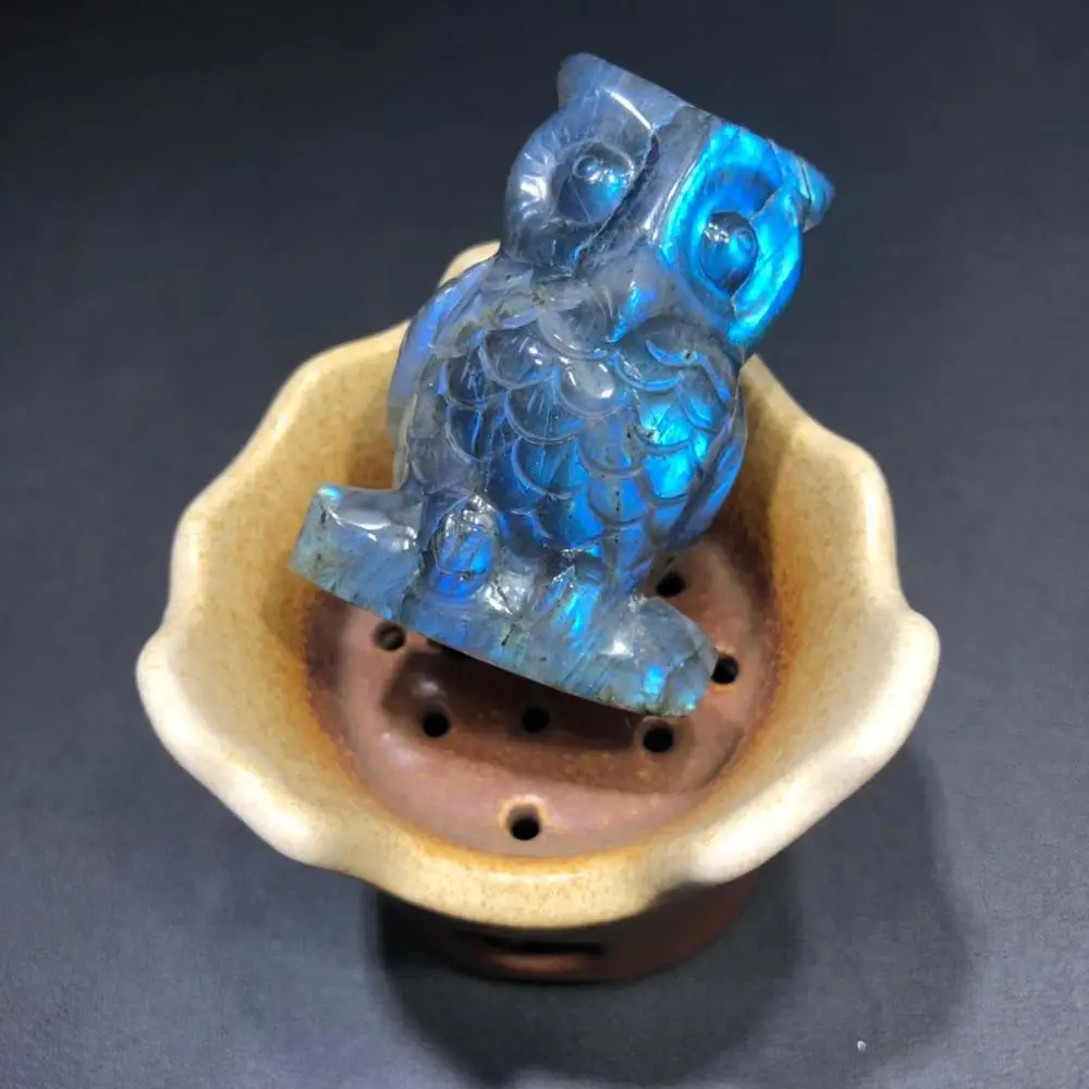 

2in Natural stone crystal artwork animal statue sculpture full light labradorite carved owl