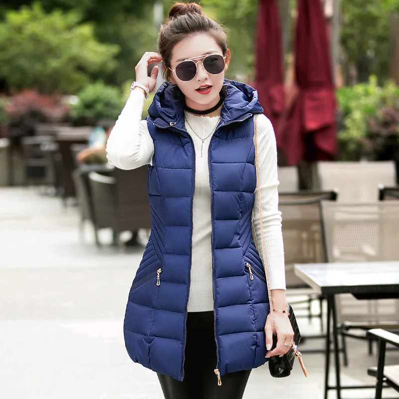 Women Winter Vest Waistcoat 2016 Women Long Vest Sleeveless Jacket Hooded Down Cotton Warm Vest Female Outerwear Plus Size L-3XL