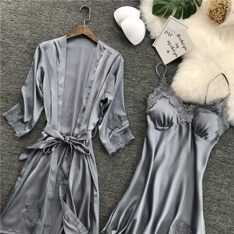 ZOOLIM шелковый халат с накладками на груди, сексуальное кружевное Ночное платье, халат, женский ночной халат, набор, ночная сорочка, домашнее платье, платье для сна