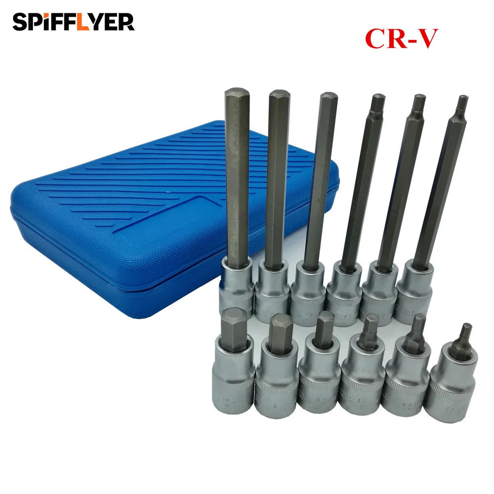 

12PC 1/2 Inch Drive Hex Bit Socket Extra Long Hex Bit Socket 140mm and 55mm CR-V Socket Bit Set H4 H5 H6 H8 H10 H12