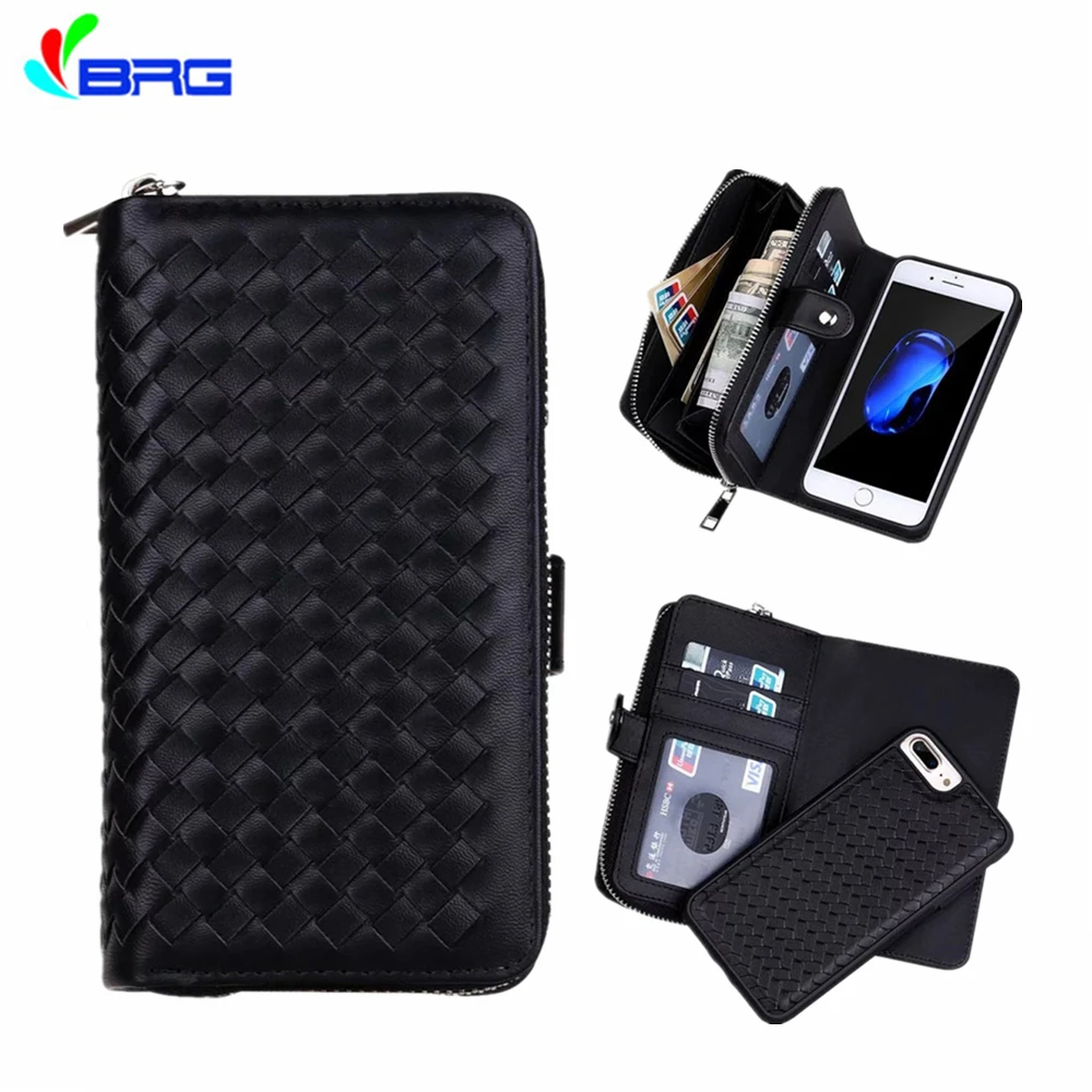 

BRG For iPhone 11 Pro X XS Max XR 5S SE 7 6 Plus Leather Wallet Case Removable Pouch Flip Card Back Cover Zipper Cell Phone Soft