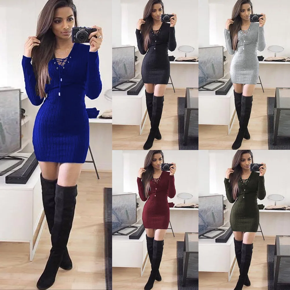 Women Winter Long Sleeve soft and comfortable Knitted BodyCon Sweater Dress L50/0126