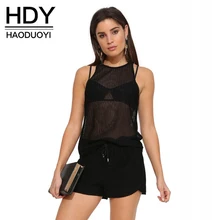 HDY Haoduoyi Busana Warna Solid Wanita Rompi Sexy Sheer Crew Leher Dingin Bahu Backless Tops Wanita Ramping Kasual Dasar Tank