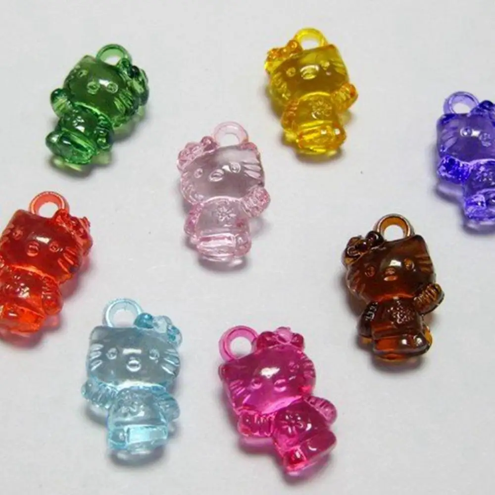 

100 Mixed Colour Transparent Acrylic Cute Cat Charm Pendants 16mm