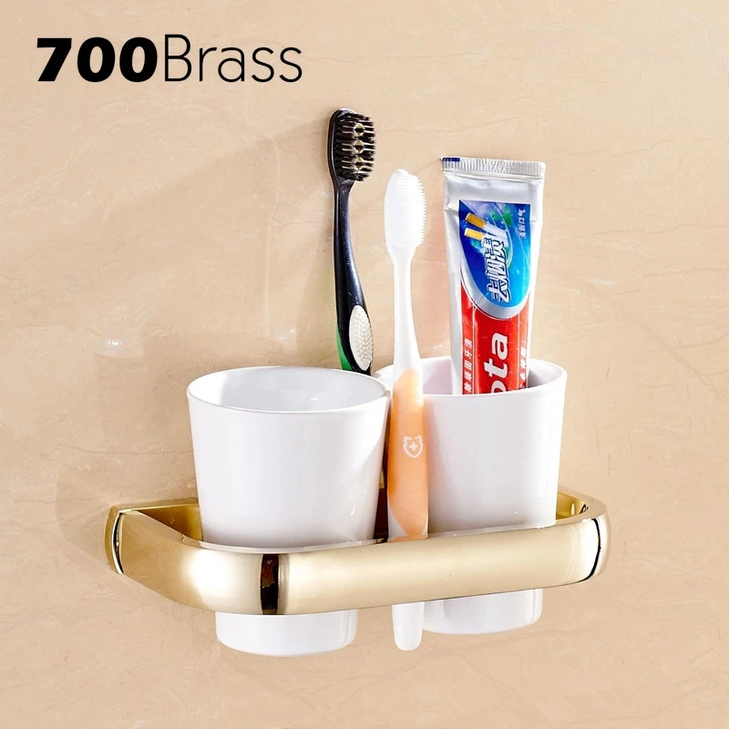 Modern Wall Mounted Brass Double Cup Holders Luxury Gold Tumbler Holder Bathroom Toothbrush