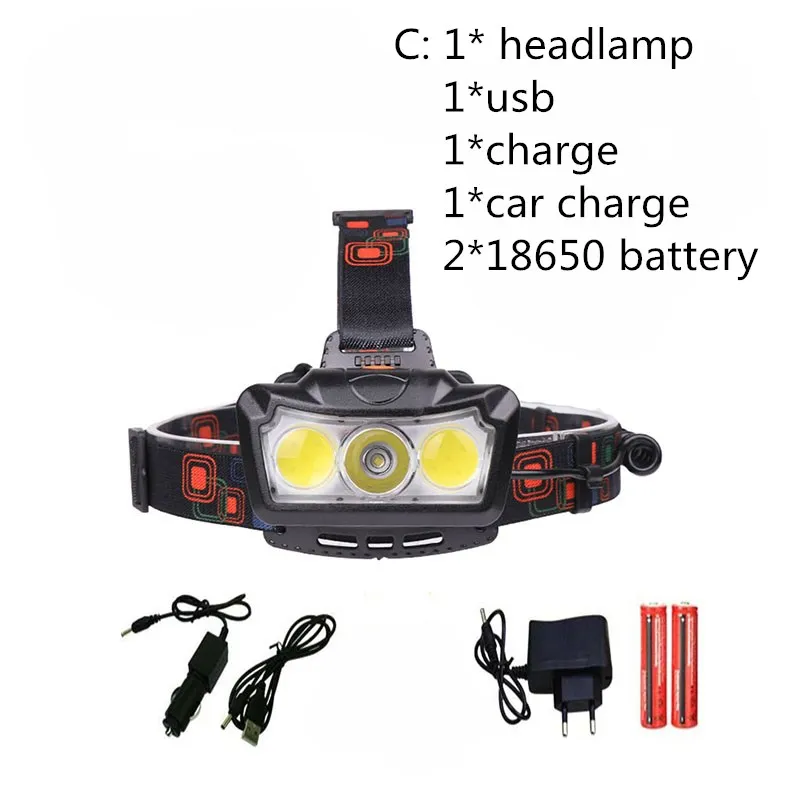 YUNMAI 1000LM светодиодный налобный фонарь 1x T6+ 2 x COB светодиодный супер яркий фонарь с зарядным устройством для кемпинга рыбалки - Испускаемый цвет: C
