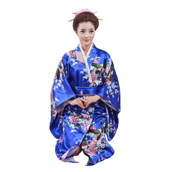 

Japanese Cosplay Costume Flower National Trends Women Sexy Silk Satin Kimono Yukata With Obi Novelty Evening Dress One Size