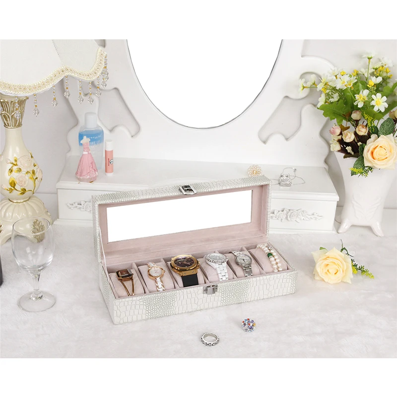 

JULY'S SONG 6 Grids Crocodile Pattern PU Leather Jewelry Storage Box Container for Watch Bangles Jewelry Display Organizer