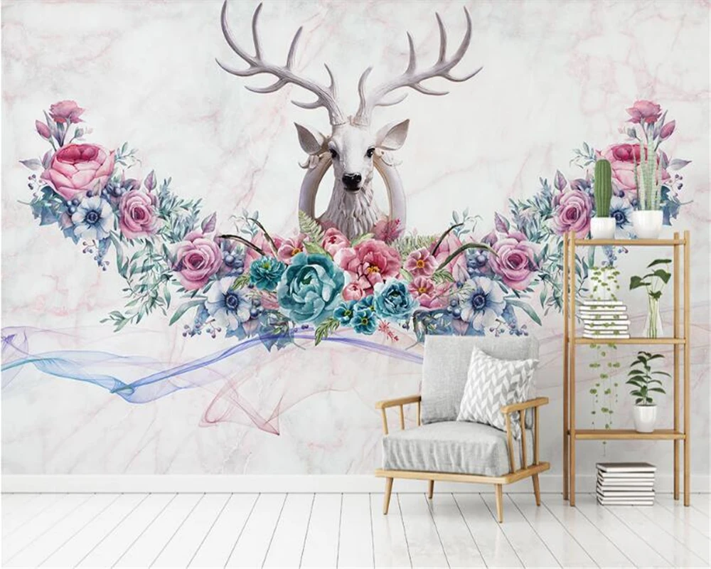 beibehang wall papers home decor Classic personality wallpaper Nordic hand-painted flowers Stereo deer background papier peint beibehang customized modern papier peint personality architectural space extension space waterproof silky background wallpaper