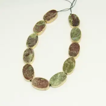 

20x30mm Natural Unakite Plated Gold Bails Loose Beads Findings,Oval Shape Raw Stones Drilled Slice Spacer for Bracelet Necklace