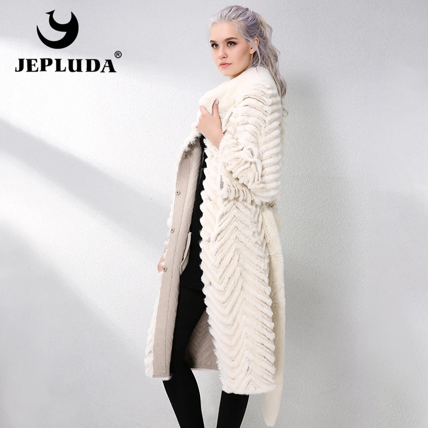 JEPLUDA Long Rex Rabbit Fur Coat With Knitted Lining Wool Natural Real Fur Coat Autumn-Winter Genuine Leather Jacket Women Parka