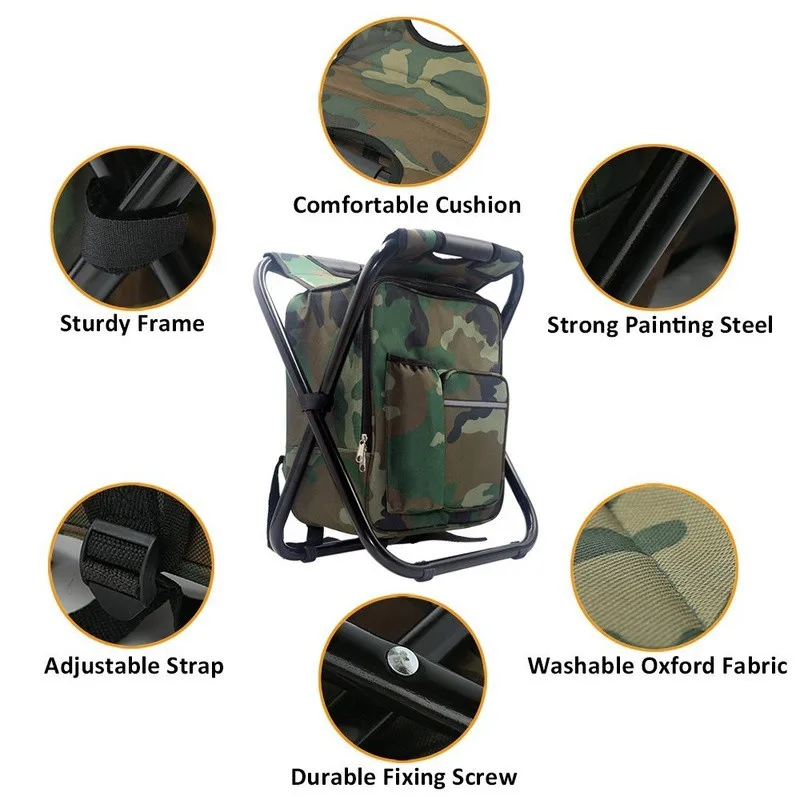 Portable Camping Folding Backpack Chair Double Oxford Cloth Refrigerated Bag Camouflage Fishing Chair