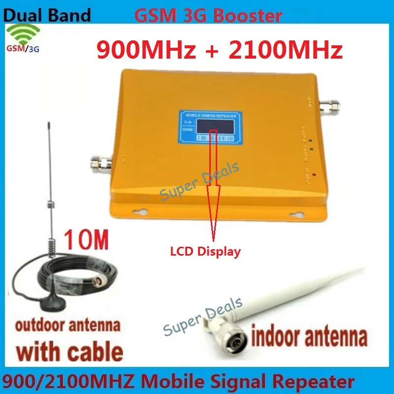 

LCD Display 3G W-CDMA 2100MHz + GSM 900Mhz Dual Band Mobile Phone Signal Booster , Cell Phone Signal Repeater + Antenna + Cable