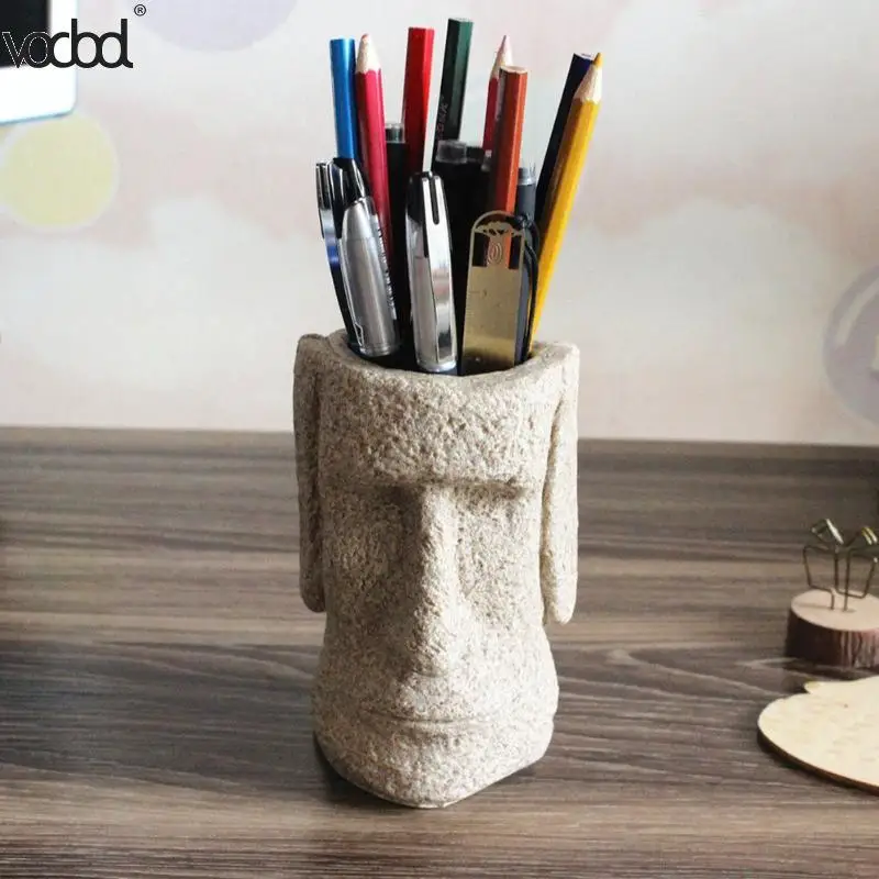 Creative Design Sandstone Easter Island Moai Pen Holder Desktop Decor Figurine Ancient Statue Pencil Container Desk Organizer