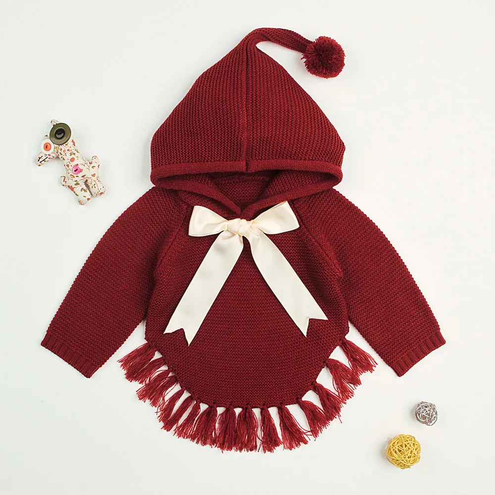 Winter Newborn Red jacket Infant Baby Boys Girls Bow Tassel Knitted Long Sleeve Hooded Tops Sweater Outfits Fringed hooded