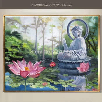 

Popular Item Oil Painting Handmade High Quality Buddha in Lotus Pool Landscape Oil Painting on Canvas Religion Wall Painting