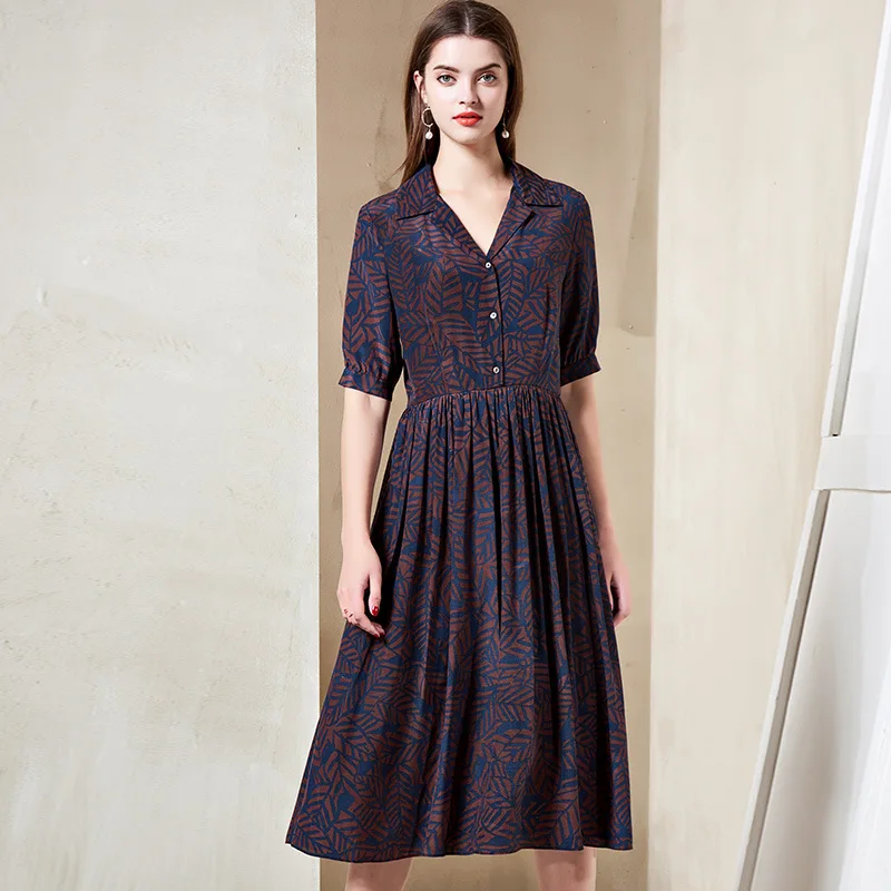 

LILASHORN VINTAGE Printed 2019 Summer New Design Silk Dresses A-line Turn Down Collar Elegant Luxury Dress Women