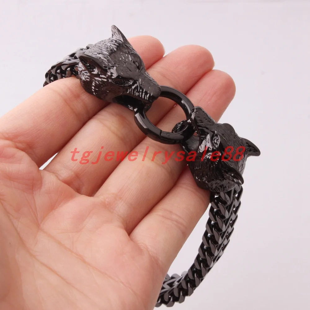 

Classic Vintage 12mm Black Color Figaro Rolo Chain Bracelet Biker Men's Stainless Steel Wolf Head Clasp Cuff Jewelry 8.66"