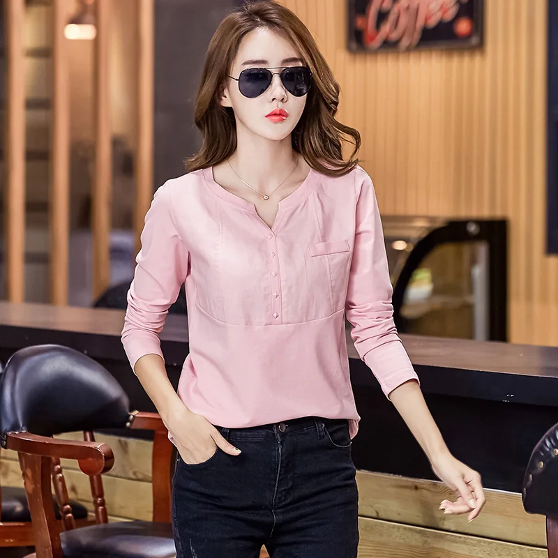 

Women's Long-sleeved T-shirt Cotton and Linen Stitching Long Sleeve Plus Size Summer Sexy V-neck Pink White Women's Tops 1184