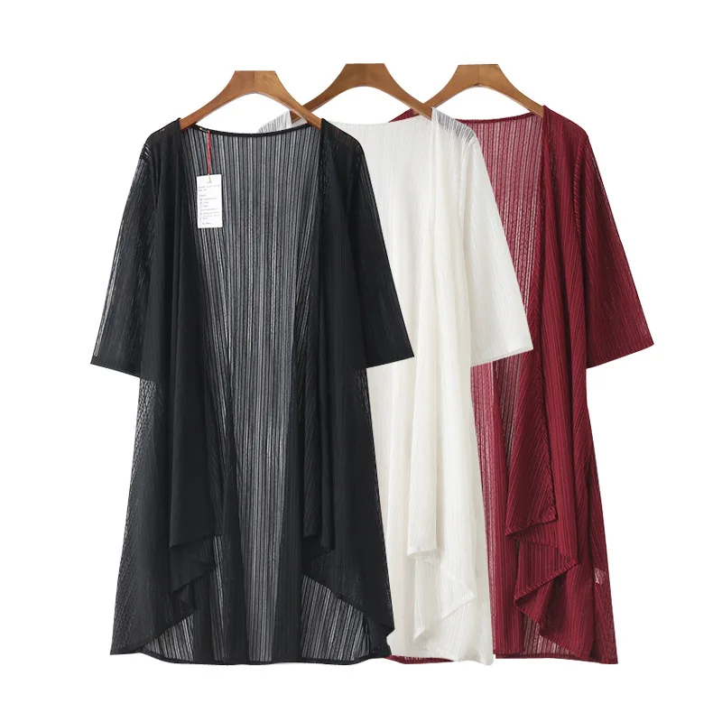 

Plus Size Kimono Cardigan Women Summer Ice Silk Blouse Tops 2019 Three Quarter Sleeve Loose Casual Blouses Shirts Black/White