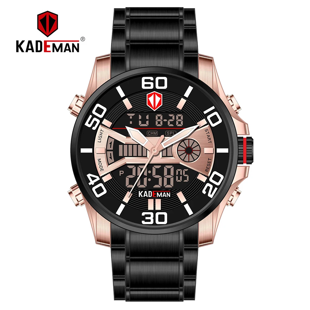 KADEMAN модные мужские часы Роскошные Цифровые светодиодный часы с двумя дисплеями спортивные повседневные деловые наручные часы 3ATM полная сталь K6171 - Цвет: Black Rose