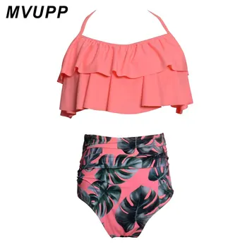 

MVUPP family costumes match swimwear Floral Bikini summer bathing suit High Waist Flounce tops Bandage mommy and me clothes cute
