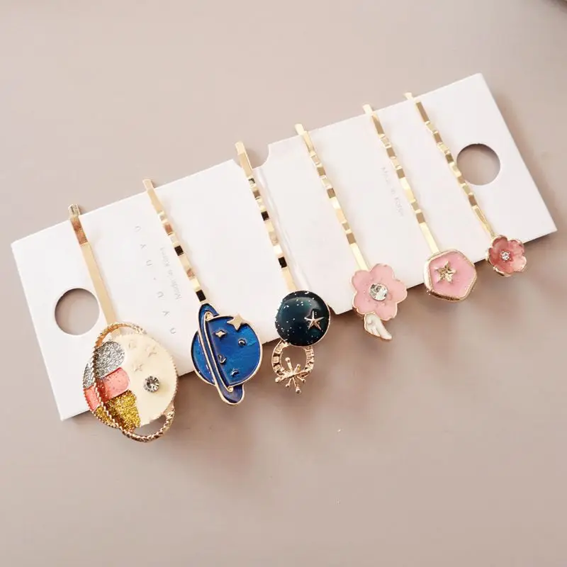 

1Pc Moon Planet Hair Clips For Women Pink Flower Metal Gold Color Glaze Hairpin Headwear Accessories Hair Styling Tools New