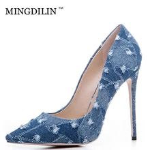 

MINGDILIN Sexy Women's High Heels Shoes Denim Plus Size 33 43 Woman Shoes Blue Black Pointed Toe Wedding Party Pumps Stiletto