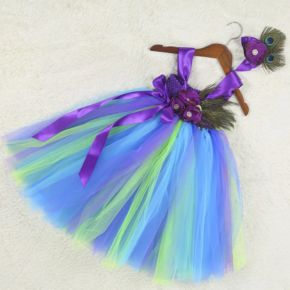 Peacock Princess Tutu Dress Flower Feathers Girl Party Dress Kids Pageant Ball Gowns for Girls Wedding Halloween Dress Costume