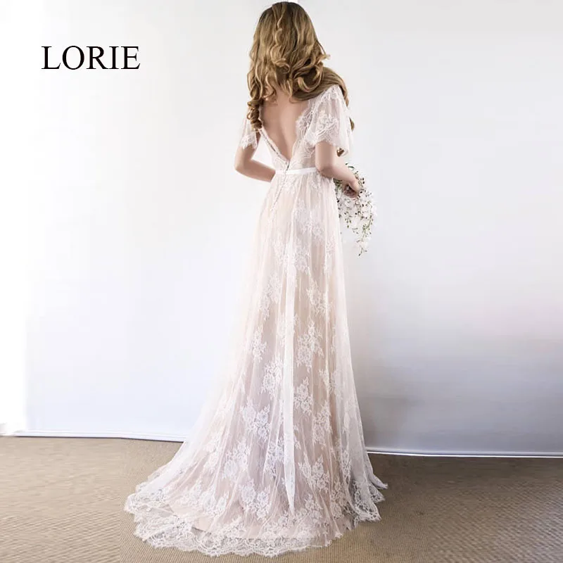 Best Price LORIE Boho Trouwjurk 2019 V-hals Cap Sleeve Lace Beach Wedding Gown Goedkope Backless Custom Made A-lijn Bruid Jurken