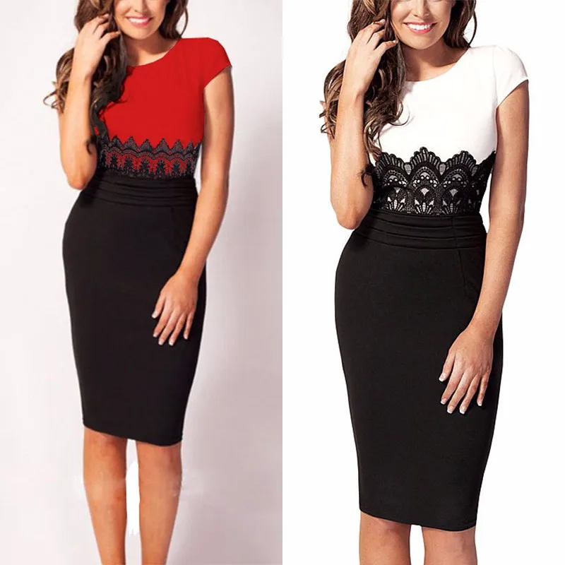 

2017 Summer New Fashion Women's Elegant Short Sleeve Sexy Lace Party Wear Office Slim Hip Up Slim Ladies Penci