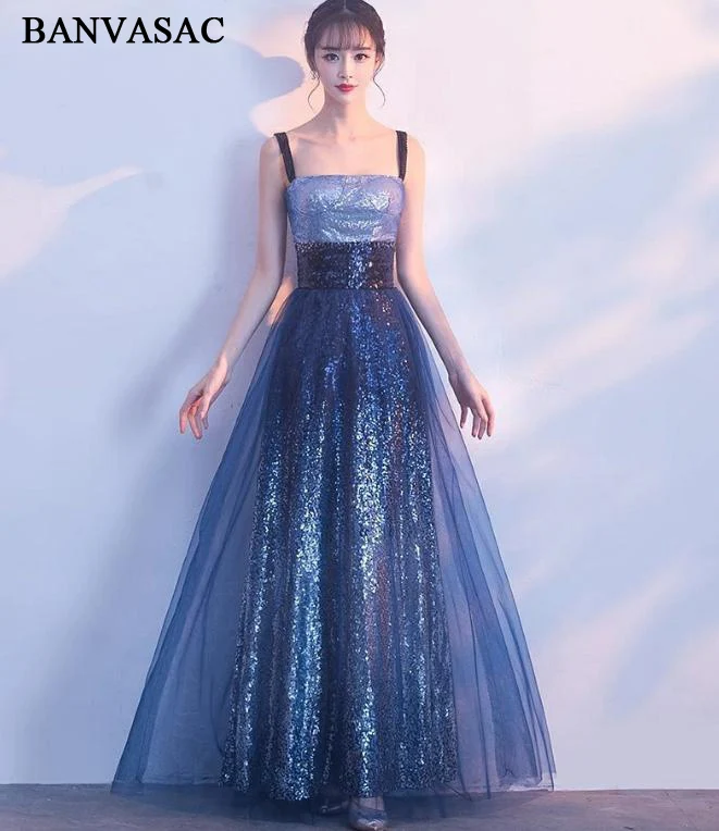 

BANVASAC 2018 Strapless Sequined A Line Long Evening Dresses Gradient Color Spaghetti Strap Backless Party Prom Gowns