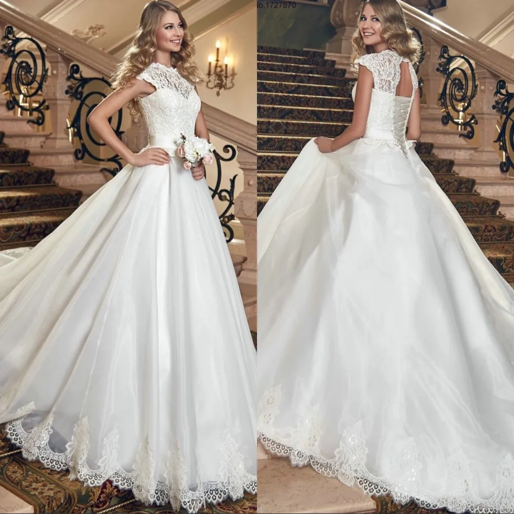 Красивая Вуаль Line Свадебные Платья 2017 Высокая Шея Люкс платья GH078 Часовня Поезд