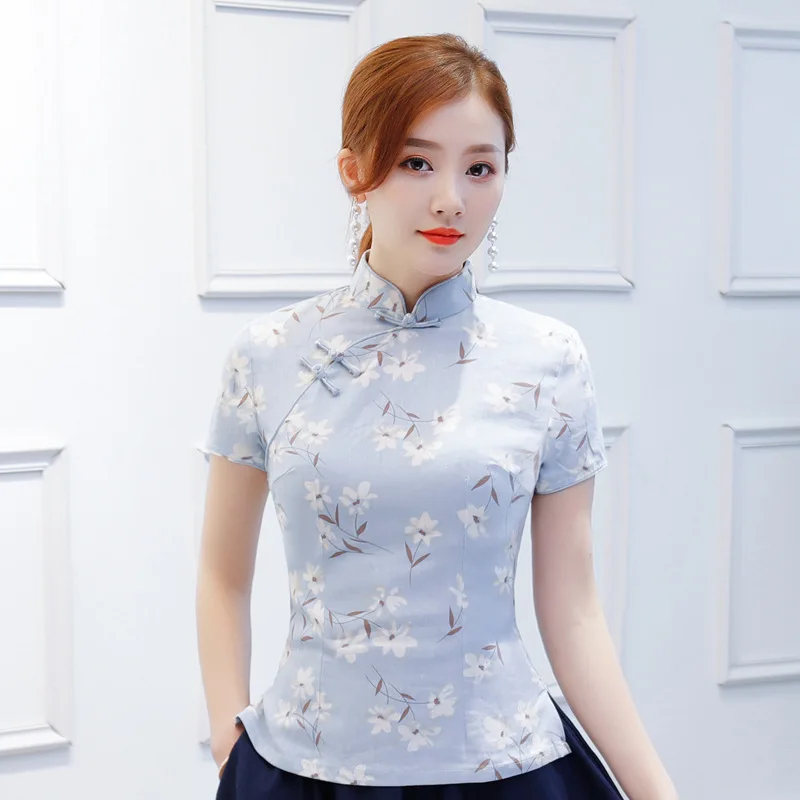 Летняя рубашка в винтажном китайском стиле, женская блуза с воротником-стойкой, женское платье-чонсам, короткое платье Qipao, размер S-4XL