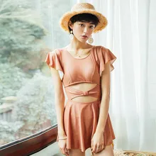 Пляжный спортивный горячий весенний купальный костюм женский цельный купальник Чистый цвет маленькая грудь собрать юбка большого размера купальники