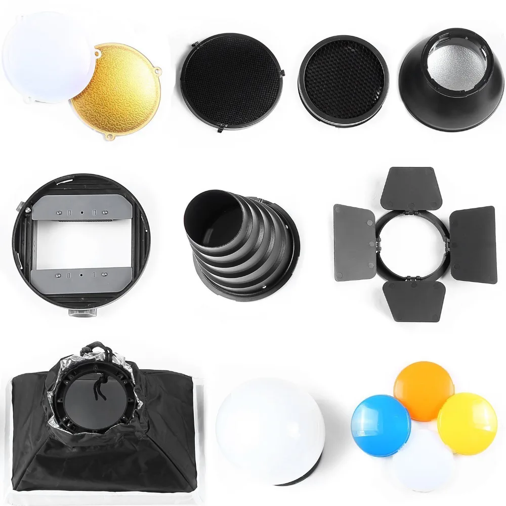 

Neewer Speedlite Flash Accessories Kit:Barndoor+Conical Snoot+Mini Reflector+Sphere Diffuser+Softbox+Universal Mount Adpater