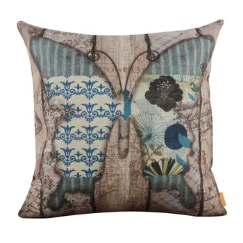 

LINKWELL 18x18" Vintage Wood Slat Blue Butterfly Burlap Cushion Cover Throw Pillowcase Flower Pattern Shabby Chic Antique Look