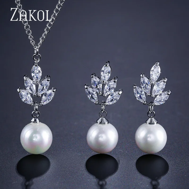 

ZAKOL New AAA CZ Zirconia & Simulated Pearl Drop Earrings Pendant Necklace Set Fashion Ceystal Elegant Women Wedding Accessories