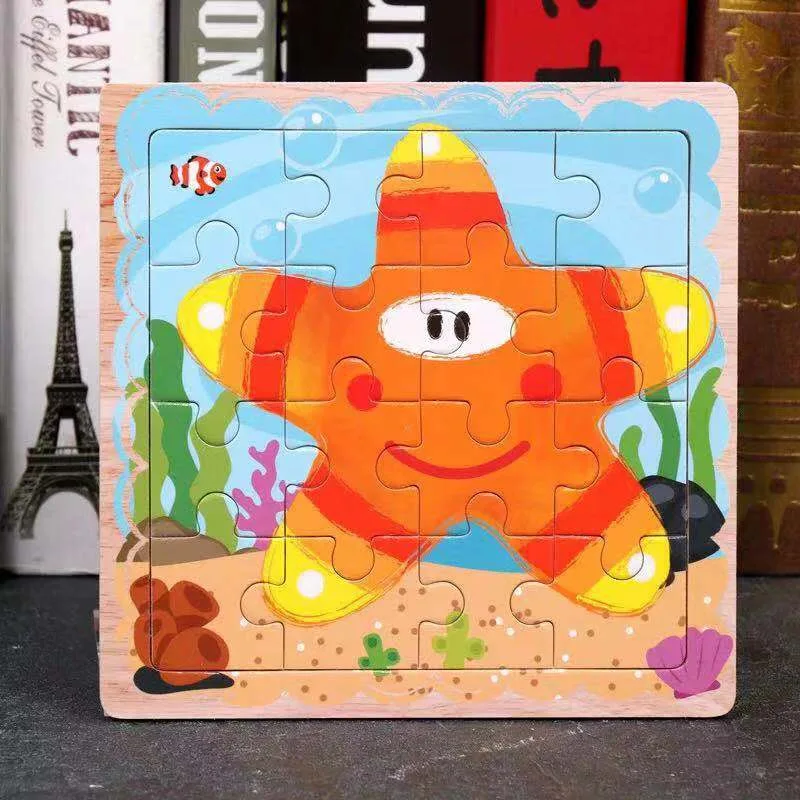 Danuyli Лидер продаж 1 шт. 16 кусочков маленькая игрушка-головоломка детские животные деревянные пазлы детские развивающие игрушки для малышей - Цвет: starfish