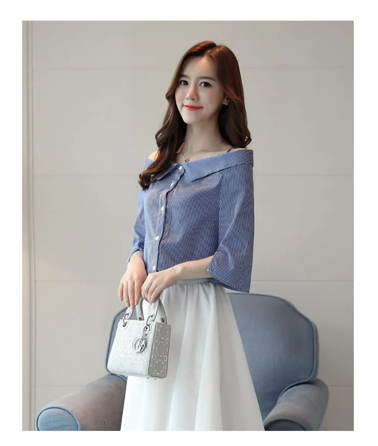 2018 Summer Off Shoulder Blouse Women Shirts Striped Slash Neck Tops Female Korean Fashion Rayas Chemisier Femme Blusas (1)