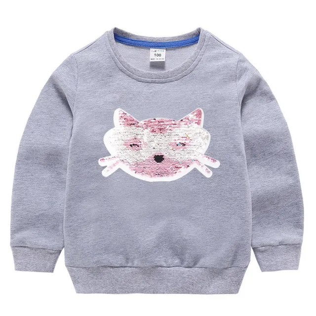 Double Sided Sequin Flash Glitter T-Shirts For Girls Sequins T Shirt Girls Cartoon Cat Kids Tshirt Summer Teen Clothes For Girls Rose Red