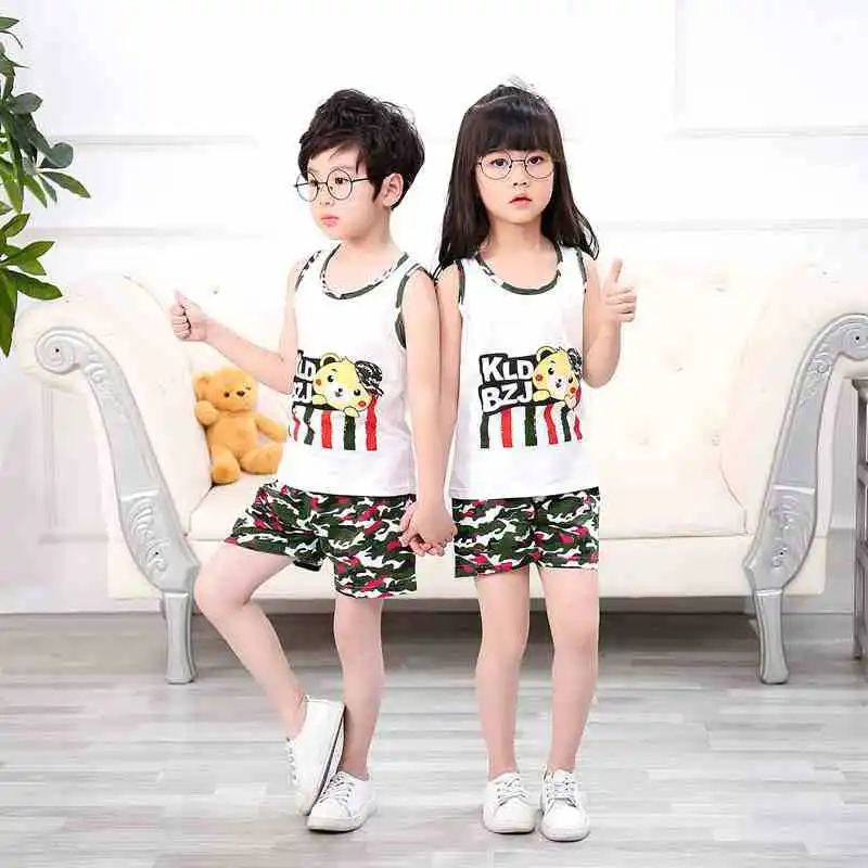 2-8 Years Boys Girls Sleeveless Vest+ Pure Color Shorts Set Summer Children Cartoon Tops Kids Boy Cotton Casual Waistcoat Suits | Детская